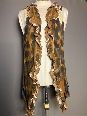 Adore Ruffle Cardigan Vest multi watercolor boho cotton Women's M